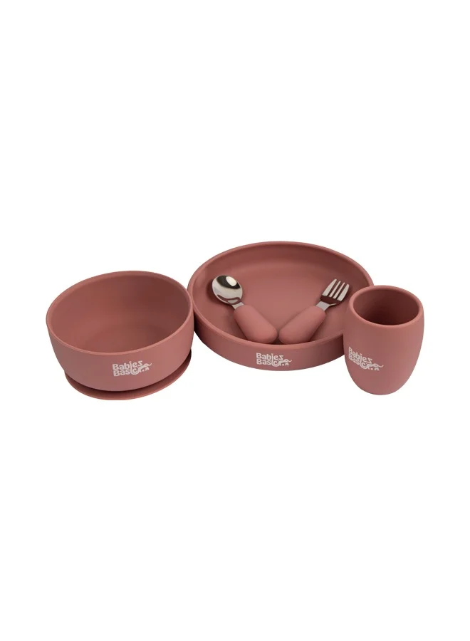 Babies Basic 5 Pc Set With Silicone Plate, Bowl, Cup And Stainless Steel Cutlery With Case - Pink