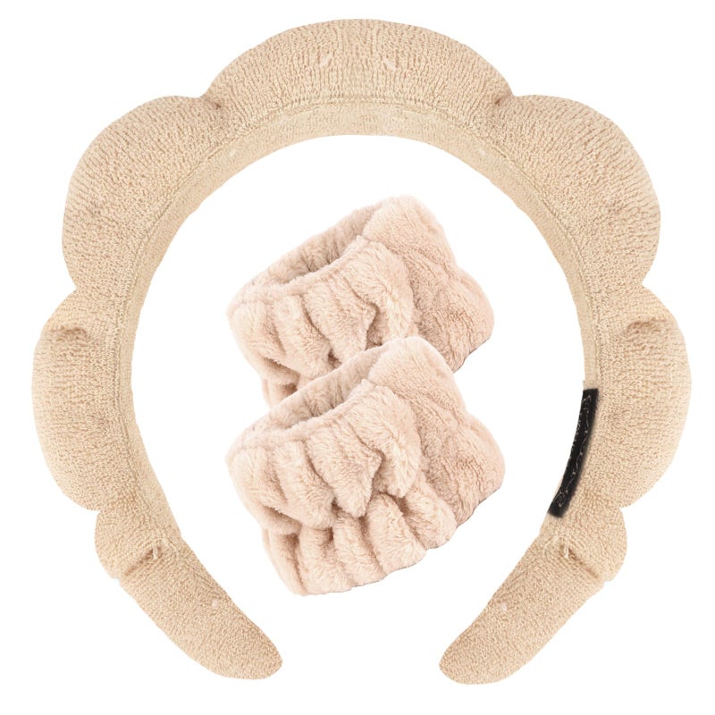 CAVETEE Skincare Headband for Washing Face, Spa Headband and Wristband Set Bubble Sponge Skin Care Head band Soft Puffy Terry Cloth Hair Accessories for Women (Beige, one size) - Image 1