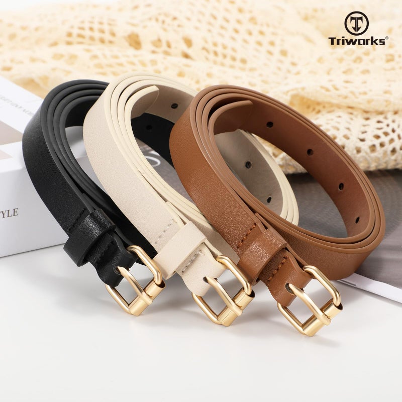 TRIWORKS 3 Pack Women Skinny Leather Belt for Jeans Pants Dress Ladies Thin Waist Belt with Gold Buckle - Image 5