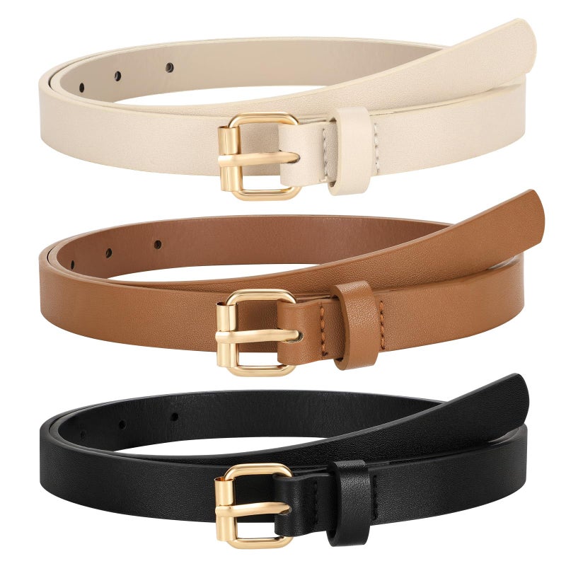 TRIWORKS 3 Pack Women Skinny Leather Belt for Jeans Pants Dress Ladies Thin Waist Belt with Gold Buckle - Image 1