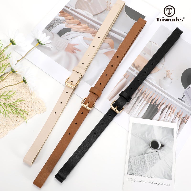 TRIWORKS 3 Pack Women Skinny Leather Belt for Jeans Pants Dress Ladies Thin Waist Belt with Gold Buckle - Image 3