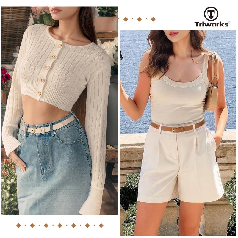 TRIWORKS 3 Pack Women Skinny Leather Belt for Jeans Pants Dress Ladies Thin Waist Belt with Gold Buckle - Image 2