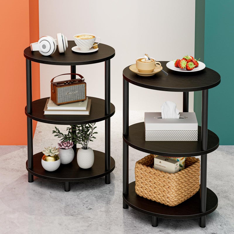 RISWER Small Round Side Table - 3-Tier Oval Accent Table for Small Spaces, Rustic Wood and Metal Couch End Table, Nightstand for Bedroom or End Table Living Room, Set of 2, Charcoal Wenge - Image 1