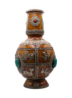 Alpine Crystals UAE Antique Amber Pair of Flower Vase with Silver Carving, Rubies Gemstone and Turquoise Crystal Home Decor Vases  - Image 1