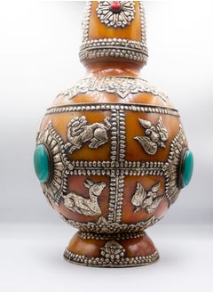 Alpine Crystals UAE Antique Amber Pair of Flower Vase with Silver Carving, Rubies Gemstone and Turquoise Crystal Home Decor Vases  - Image 4
