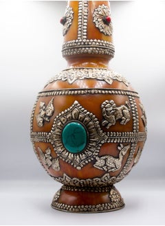 Alpine Crystals UAE Antique Amber Pair of Flower Vase with Silver Carving, Rubies Gemstone and Turquoise Crystal Home Decor Vases  - Image 5