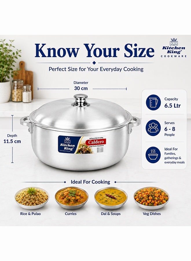 Kitchen King Caldero Aluminium Cooking Pot with Lid 30 cm (6.5 Ltr), Heavy-Duty Wide Base, Shallow Casserole for Biryani, Rice, Curry & Stews, Even Heat Distribution, Dishwasher Safe, Silver - Image 3