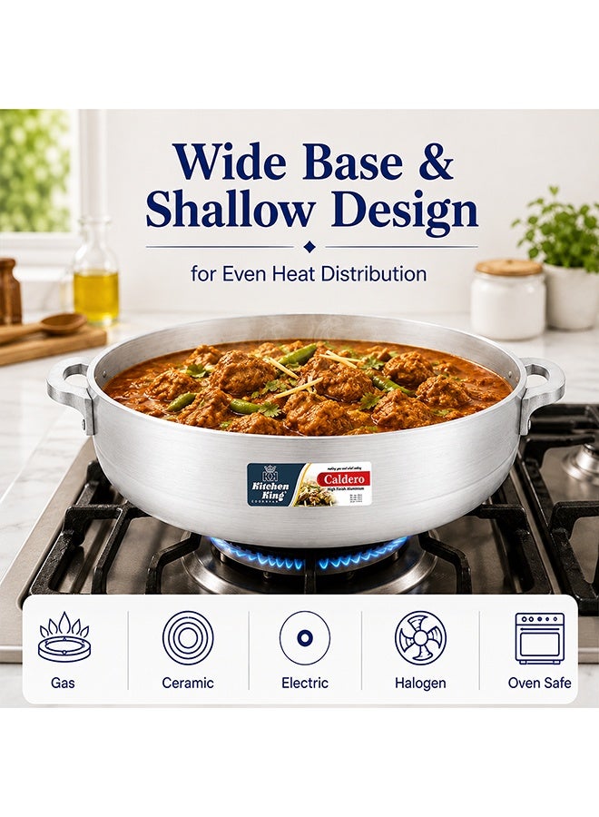 Kitchen King Caldero Aluminium Cooking Pot with Lid 30 cm (6.5 Ltr), Heavy-Duty Wide Base, Shallow Casserole for Biryani, Rice, Curry & Stews, Even Heat Distribution, Dishwasher Safe, Silver - Image 5