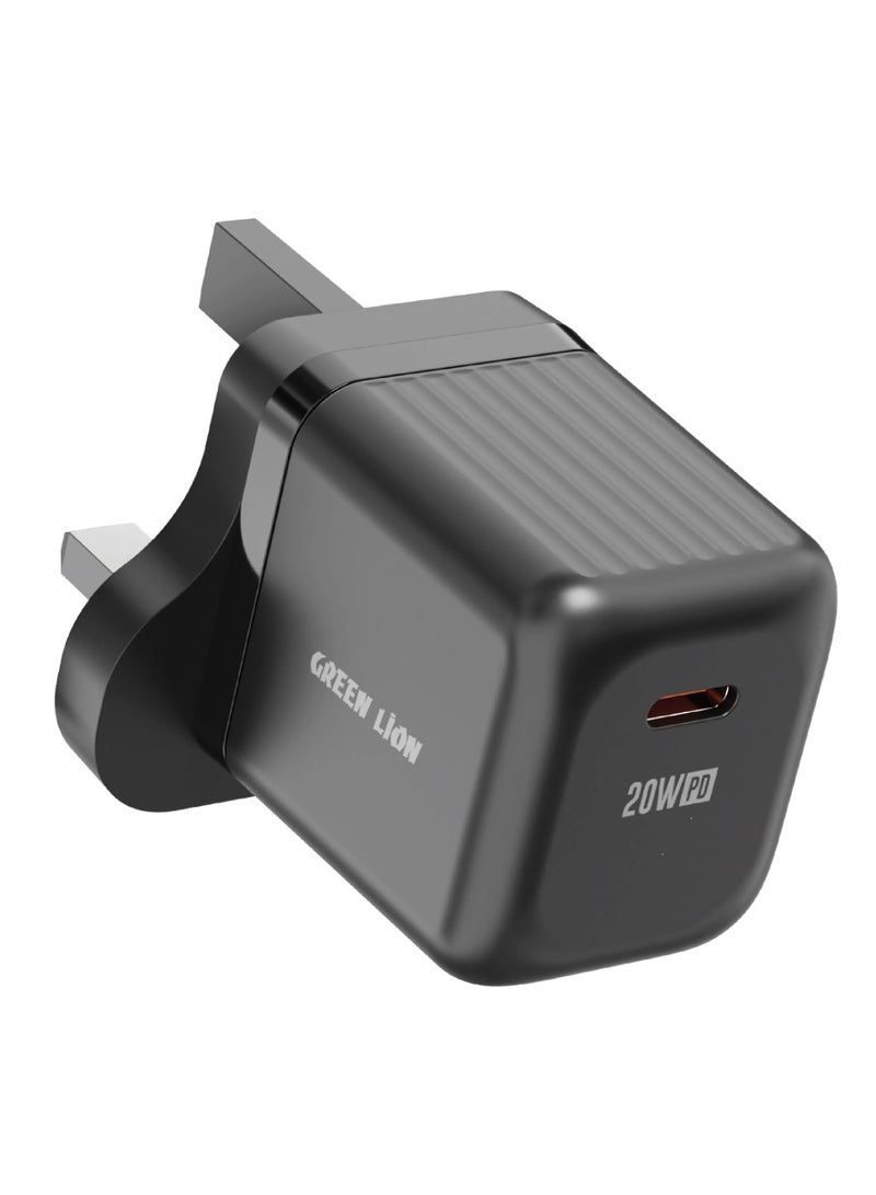 GREEN LION Ultra Compact GaN Wall Charger UK Pin USB-C PD 20W / Charging Protection / Compact Lightweight Travel Friendly / Secure and Stable Charger for Home & Office - Black - Image 1