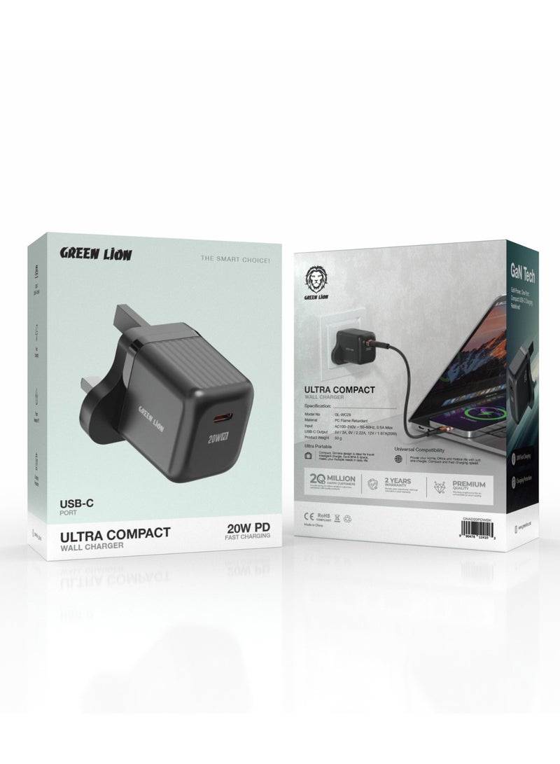 GREEN LION Ultra Compact GaN Wall Charger UK Pin USB-C PD 20W / Charging Protection / Compact Lightweight Travel Friendly / Secure and Stable Charger for Home & Office - Black - Image 3