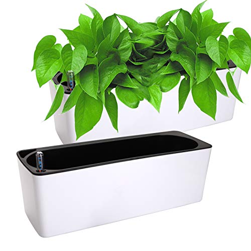 Fasmov 2 Pack Rectangle Self Watering Planter with Water Level Indicator, 16x 5.5 Inch Window Gardening Box, Decorative Planter Pot for All House Plants Flowers Herbs, Decorative Planter Pot - Image 1