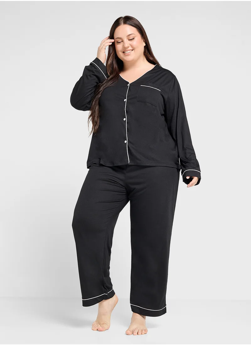 Ginger Plus Satin Shirt & Pyjama Set With Contrast Piping