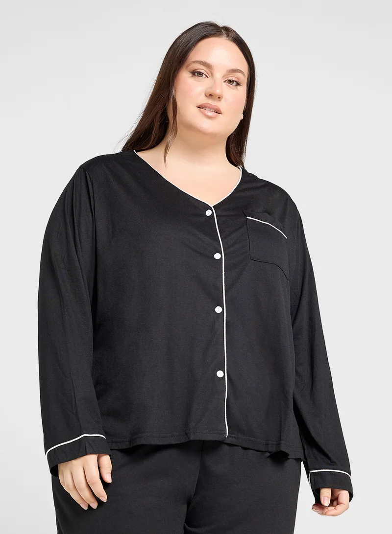 Ginger Plus Satin Shirt & Pyjama Set With Contrast Piping