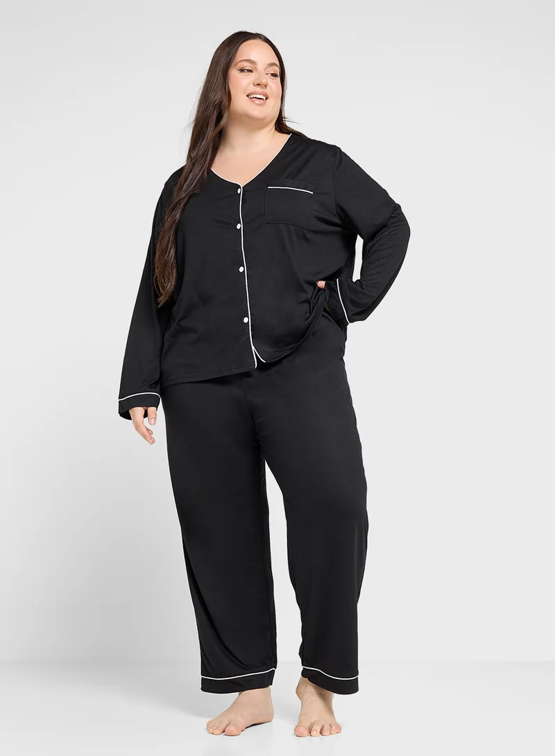 Ginger Plus Satin Shirt & Pyjama Set With Contrast Piping