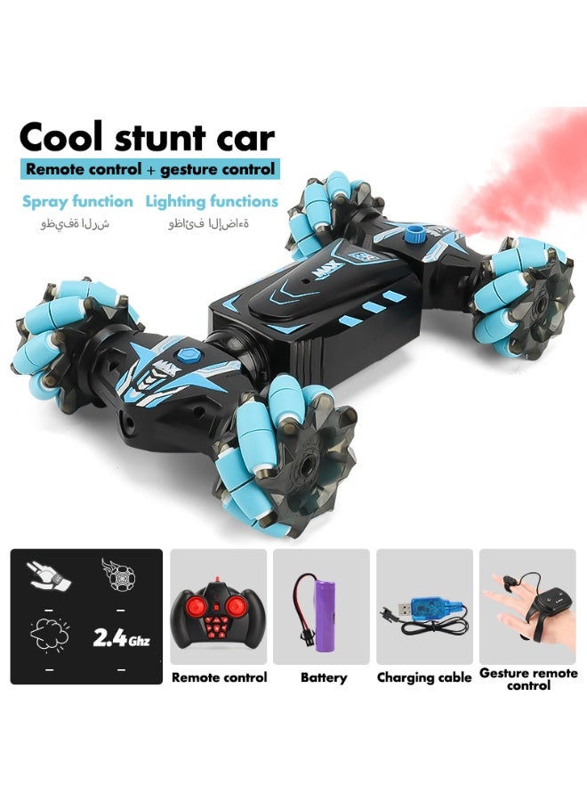 Remote-controlled stunt car with spray function, featuring a handheld controller and wristwatch-style gravity-sensing remote. Dual-mode transformable vehicle with custom tyres for multi-terrain capability. - Image 1