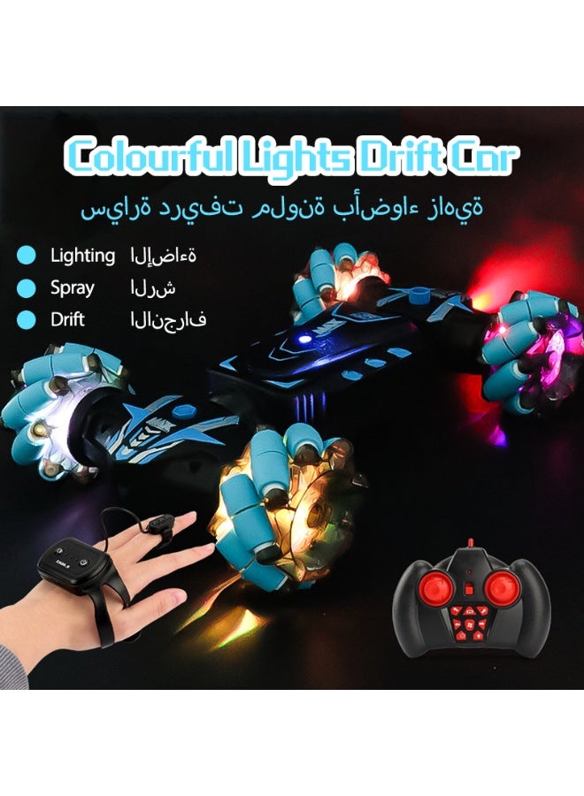 Remote-controlled stunt car with spray function, featuring a handheld controller and wristwatch-style gravity-sensing remote. Dual-mode transformable vehicle with custom tyres for multi-terrain capability. - Image 3