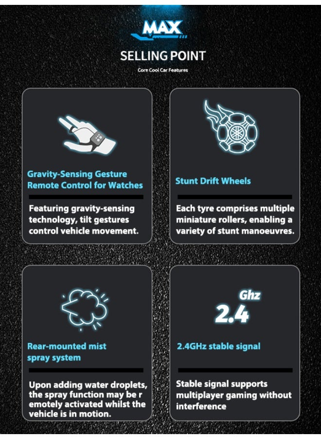 Remote-controlled stunt car with spray function, featuring a handheld controller and wristwatch-style gravity-sensing remote. Dual-mode transformable vehicle with custom tyres for multi-terrain capability. - Image 5