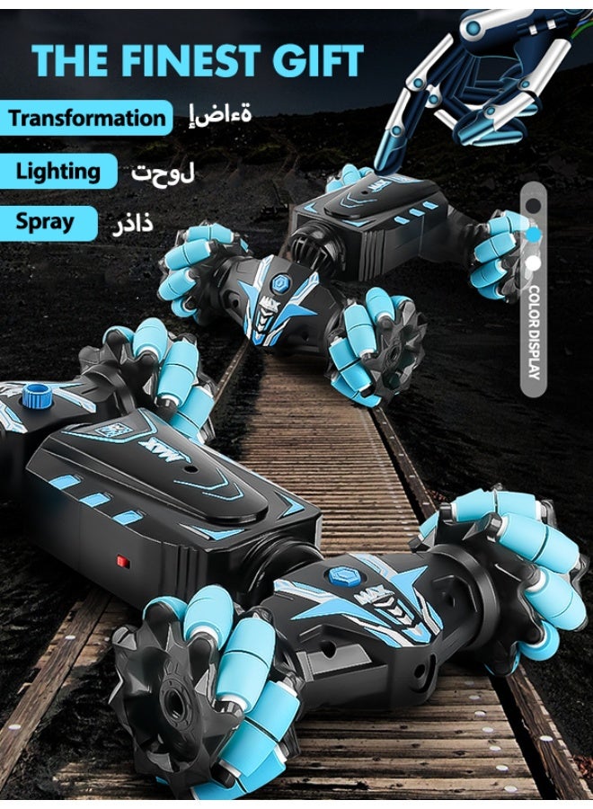 Remote-controlled stunt car with spray function, featuring a handheld controller and wristwatch-style gravity-sensing remote. Dual-mode transformable vehicle with custom tyres for multi-terrain capability. - Image 4