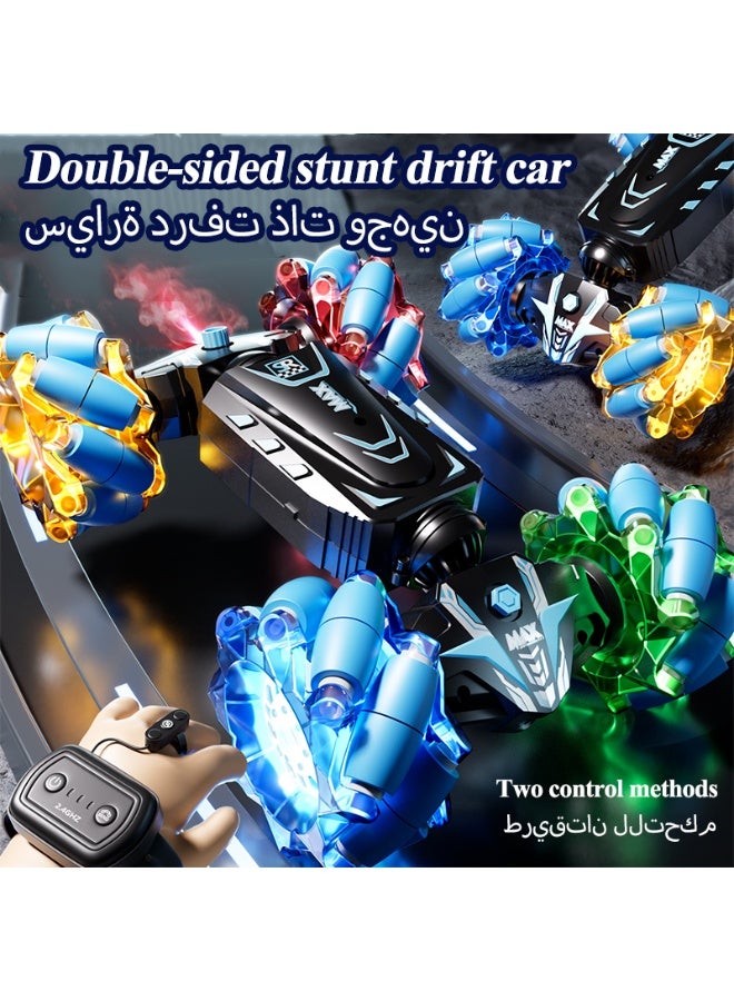 Remote-controlled stunt car with spray function, featuring a handheld controller and wristwatch-style gravity-sensing remote. Dual-mode transformable vehicle with custom tyres for multi-terrain capability. - Image 2