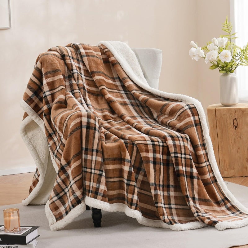 Pu Mei Sherpa Fleece Throw Blanket 80"" X 90"" Reversible Plush Fluffy Large Big Blanket Lattice Flannel Blankets For All Season Use  Mocha Brown - Image 1