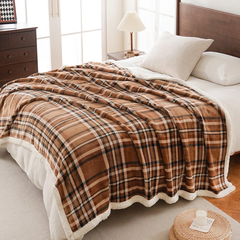 Pu Mei Sherpa Fleece Throw Blanket 80"" X 90"" Reversible Plush Fluffy Large Big Blanket Lattice Flannel Blankets For All Season Use  Mocha Brown - Image 2