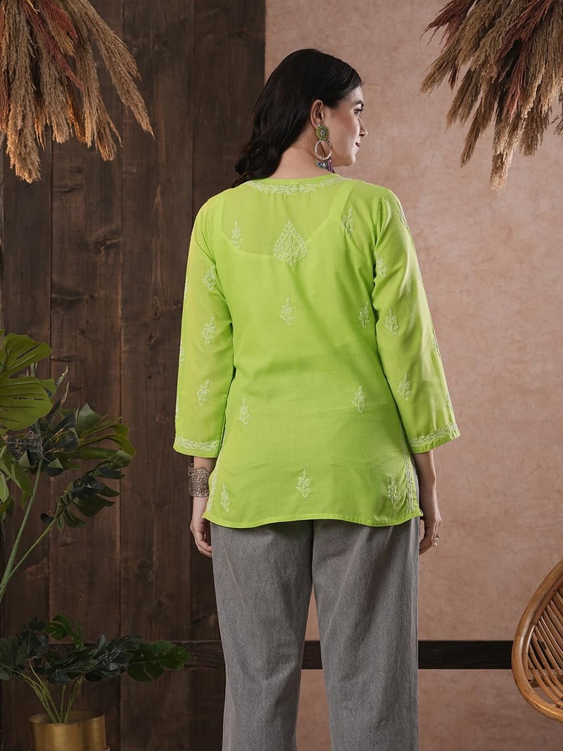 Ada Hand Embroidery Lucknowi Chikan Women's Straight Cotton Short Top Kurti M534712 Green - Image 2