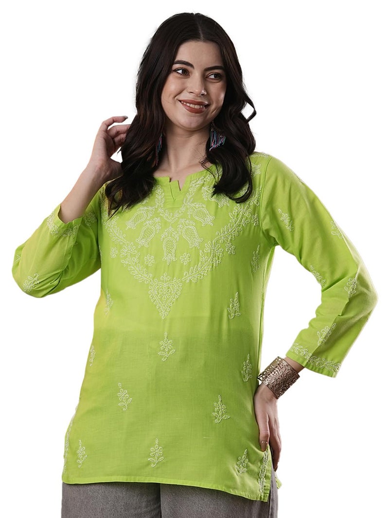 Ada Hand Embroidery Lucknowi Chikan Women's Straight Cotton Short Top Kurti M534712 Green - Image 1