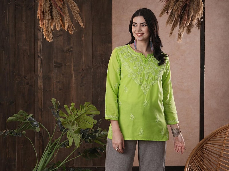 Ada Hand Embroidery Lucknowi Chikan Women's Straight Cotton Short Top Kurti M534712 Green - Image 4