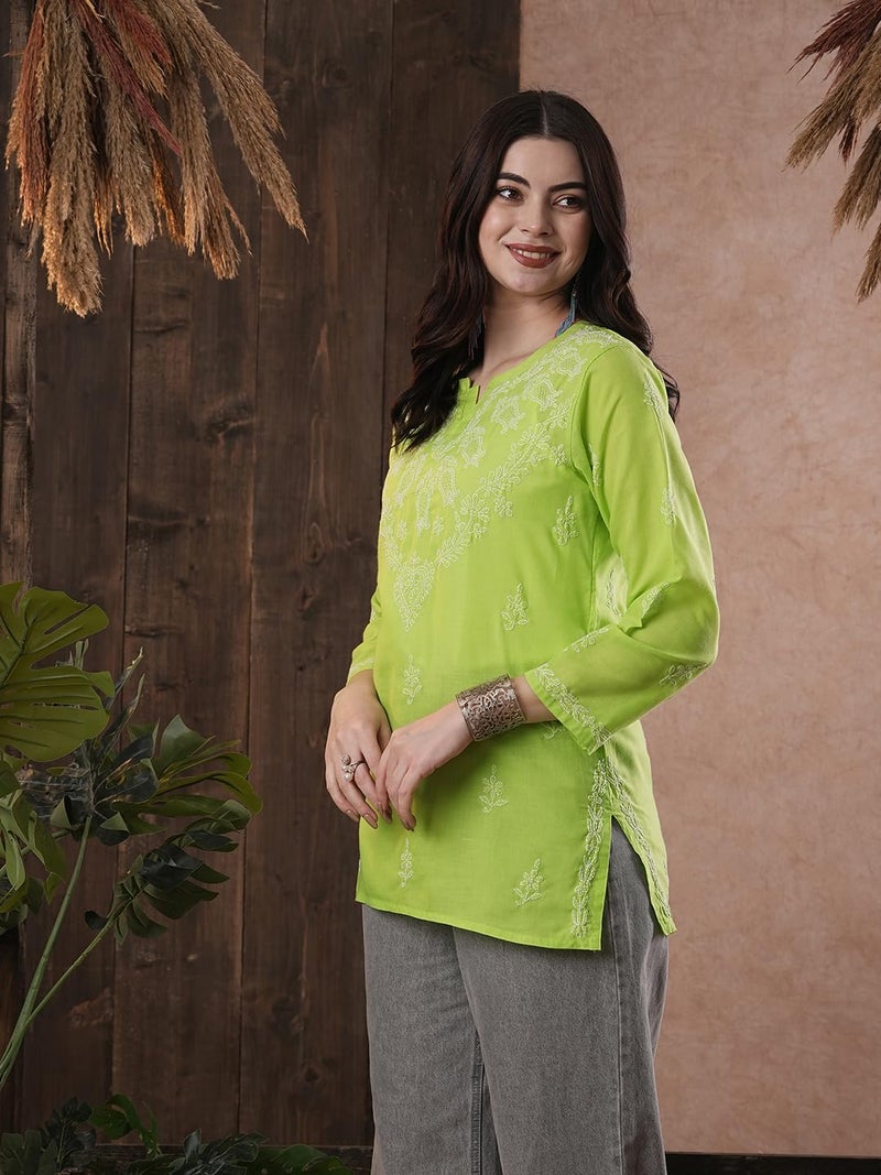 Ada Hand Embroidery Lucknowi Chikan Women's Straight Cotton Short Top Kurti M534712 Green - Image 5