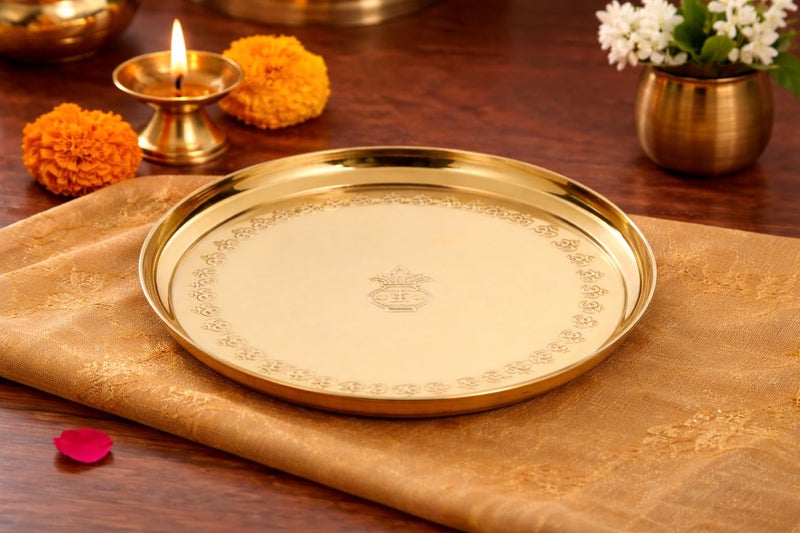 Mkd2 Rise Brass Pooja Thali Plate with OM Design – 10 Inch (25 cm) Aarti Puja Plate for Home, Temple & Mandir, Diwali Gift, 1 Piece - Image 4