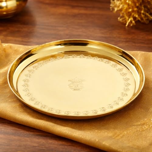 Mkd2 Rise Brass Pooja Thali Plate with OM Design – 10 Inch (25 cm) Aarti Puja Plate for Home, Temple & Mandir, Diwali Gift, 1 Piece - Image 1