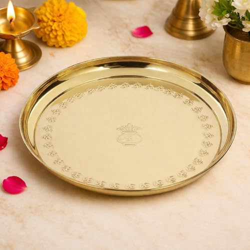 Mkd2 Rise Brass Pooja Thali Plate with OM Design – 10 Inch (25 cm) Aarti Puja Plate for Home, Temple & Mandir, Diwali Gift, 1 Piece - Image 2