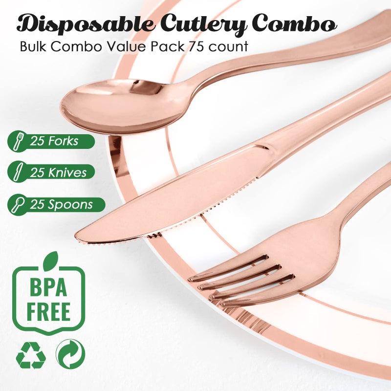 FOCUSLINE 75 Pack Rose Gold Plastic Silverware Disposable Cutlery Set - 25 Forks Knives Spoons - Disposable Flatware Heavy Duty Plastic Utensils Set for Catering  Parties  Dinners  Weddings - Image 2