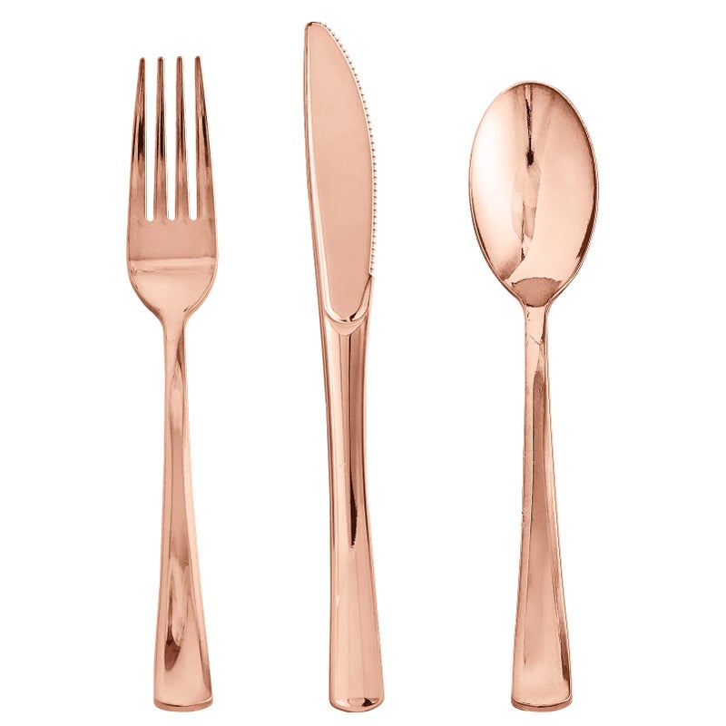 FOCUSLINE 75 Pack Rose Gold Plastic Silverware Disposable Cutlery Set - 25 Forks Knives Spoons - Disposable Flatware Heavy Duty Plastic Utensils Set for Catering  Parties  Dinners  Weddings - Image 1