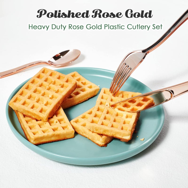 FOCUSLINE 75 Pack Rose Gold Plastic Silverware Disposable Cutlery Set - 25 Forks Knives Spoons - Disposable Flatware Heavy Duty Plastic Utensils Set for Catering  Parties  Dinners  Weddings - Image 4