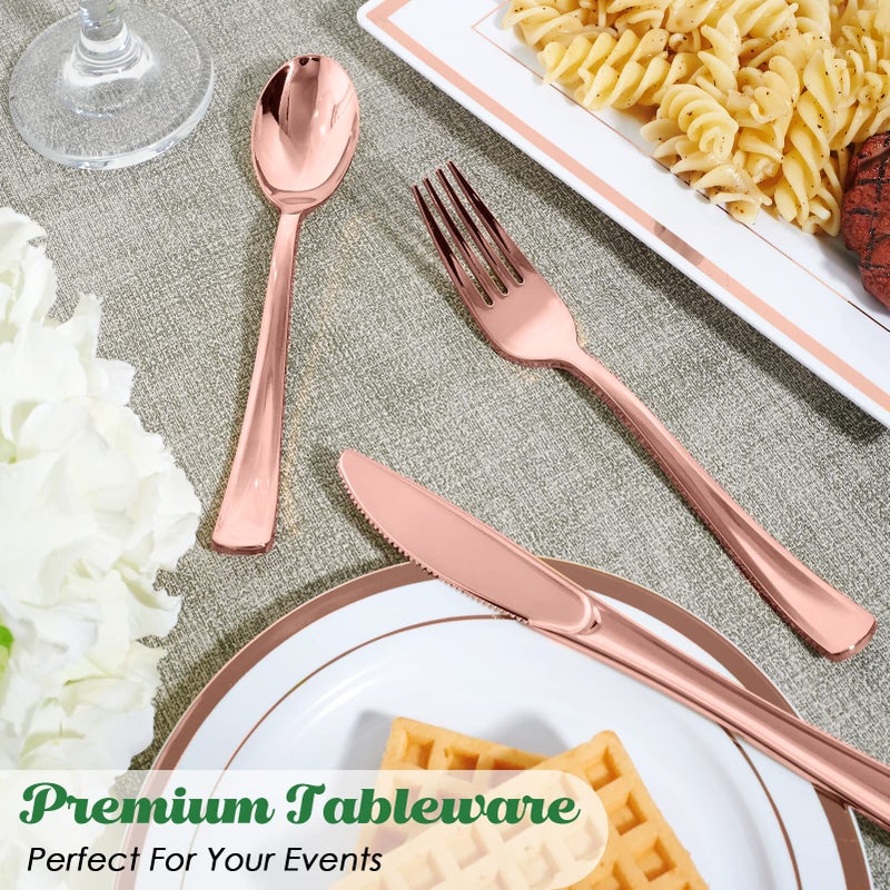 FOCUSLINE 75 Pack Rose Gold Plastic Silverware Disposable Cutlery Set - 25 Forks Knives Spoons - Disposable Flatware Heavy Duty Plastic Utensils Set for Catering  Parties  Dinners  Weddings - Image 5