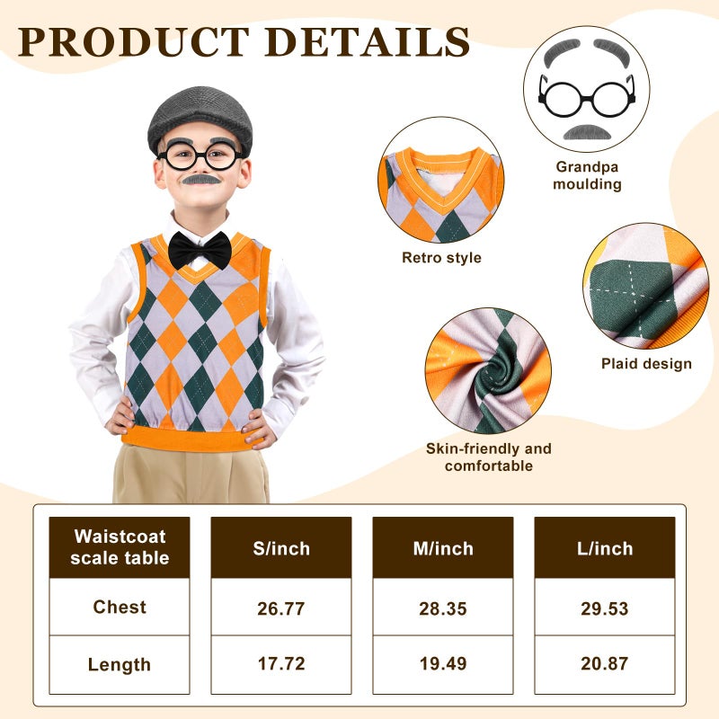 Liitrsh 8 Pcs Old Man Costume For Kids Grandpa Costume 100 Days Of School Costume Vest And Pants Halloween Costume For Boys(11-13 Years Yellow Green Plaid) - Image 3
