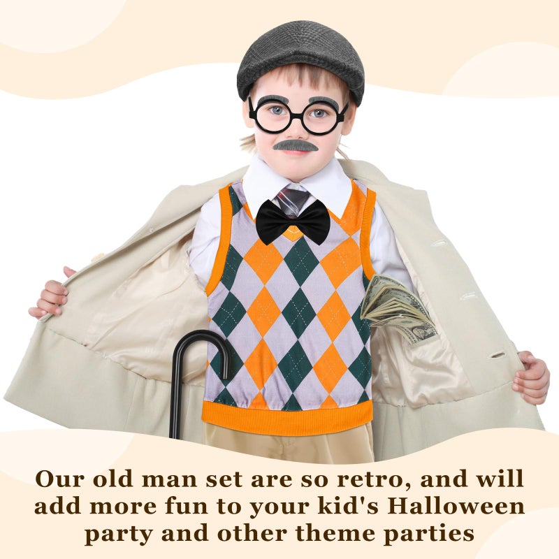Liitrsh 8 Pcs Old Man Costume For Kids Grandpa Costume 100 Days Of School Costume Vest And Pants Halloween Costume For Boys(11-13 Years Yellow Green Plaid) - Image 5
