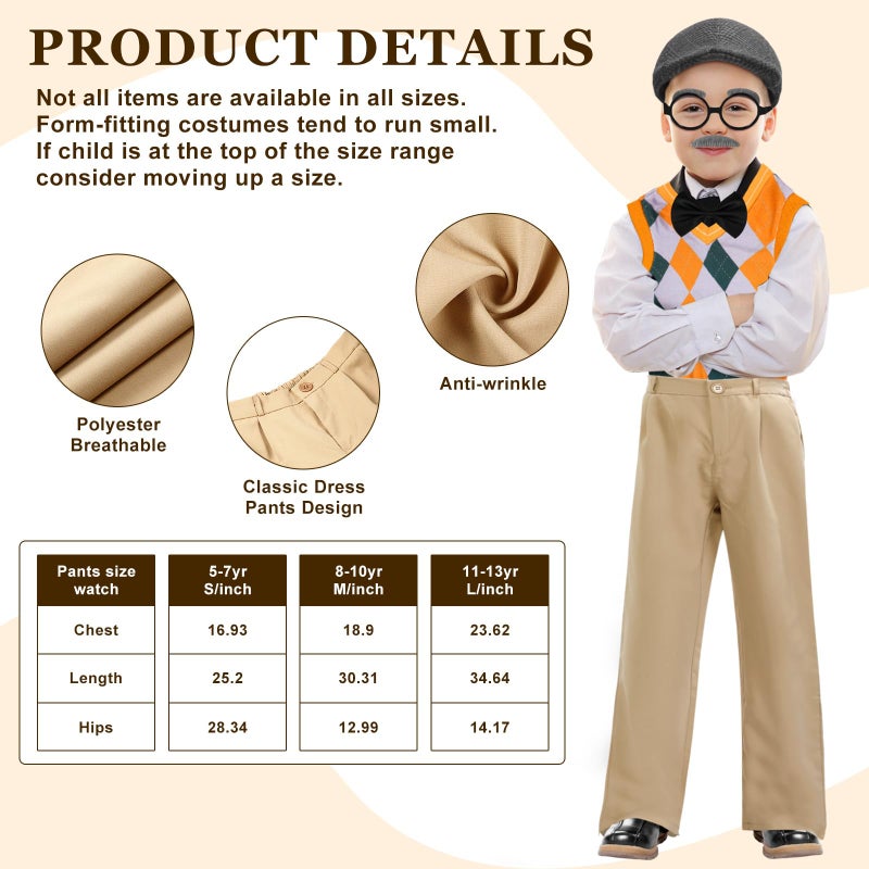 Liitrsh 8 Pcs Old Man Costume For Kids Grandpa Costume 100 Days Of School Costume Vest And Pants Halloween Costume For Boys(11-13 Years Yellow Green Plaid) - Image 4
