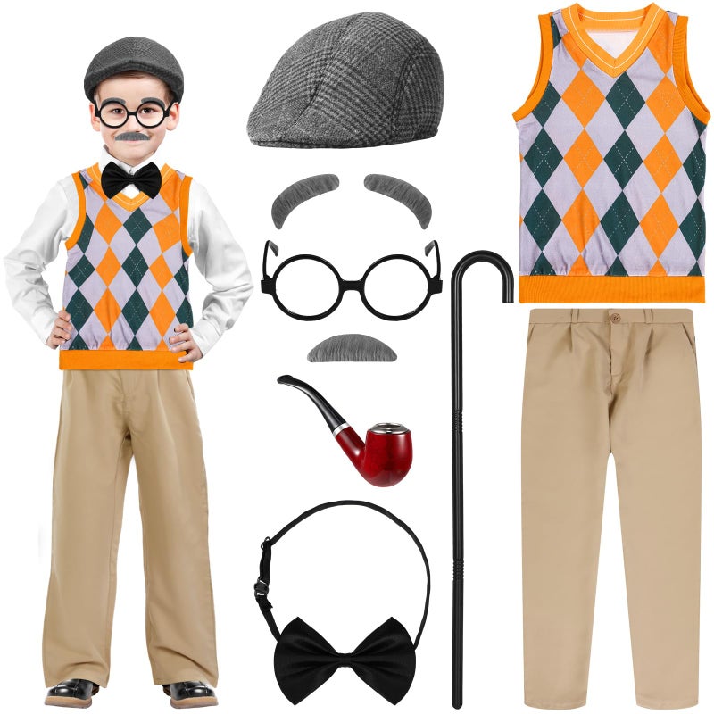 Liitrsh 8 Pcs Old Man Costume For Kids Grandpa Costume 100 Days Of School Costume Vest And Pants Halloween Costume For Boys(11-13 Years Yellow Green Plaid) - Image 1