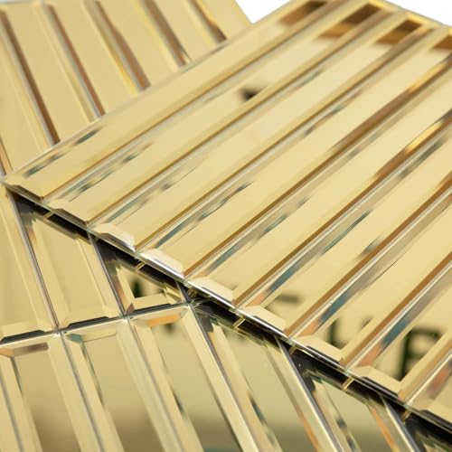 Diflart Mirror Backsplash Tiles for Kitchen, Gold Strip, 12x12 Inch, Beveled Mirror TIile for Bathroom Wall (5 Sheets,5 Sq.ft) - Image 1