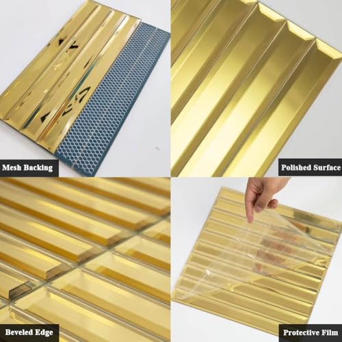 Diflart Mirror Backsplash Tiles for Kitchen, Gold Strip, 12x12 Inch, Beveled Mirror TIile for Bathroom Wall (5 Sheets,5 Sq.ft) - Image 4