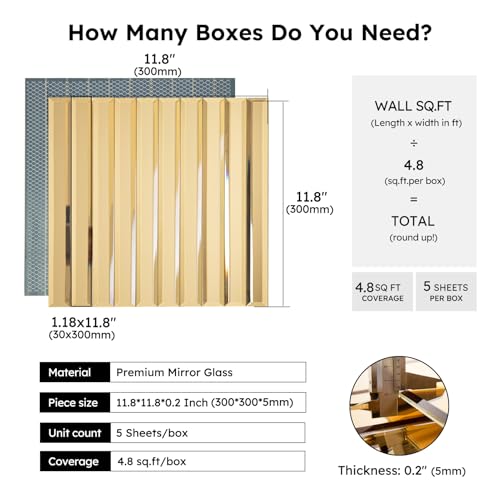 Diflart Mirror Backsplash Tiles for Kitchen, Gold Strip, 12x12 Inch, Beveled Mirror TIile for Bathroom Wall (5 Sheets,5 Sq.ft) - Image 3