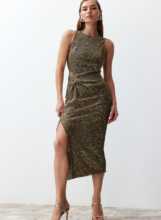 trendyol Gold Fitted Knitted Shiny Sequin Knitted Sequin Elegant Evening Dress TPRSS24EL00030 - Image 3