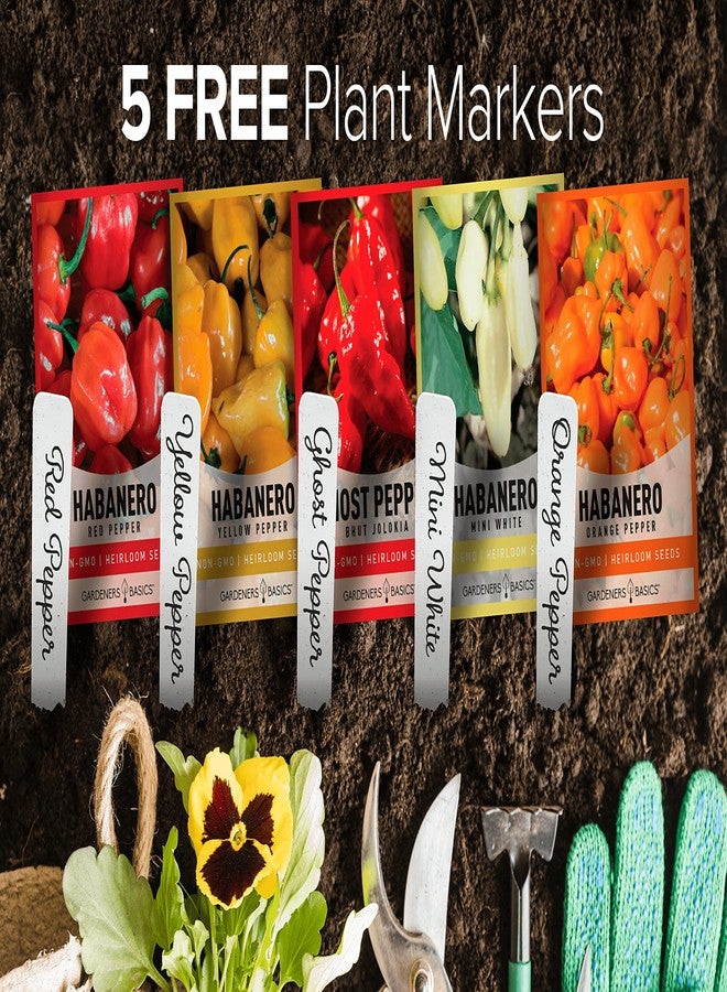 Gardeners Basics بذور فلفل حار أساسية للزراعة - عبوة من 5 أنواع: بذور فلفل الشبح، الأحمر، البرتقالي، الأصفر، والأبيض. بذور فلفل هابانيرو للزراعة في الحديقة. غير معدلة وراثيًا، بذور فلفل تراثية. - Image 3