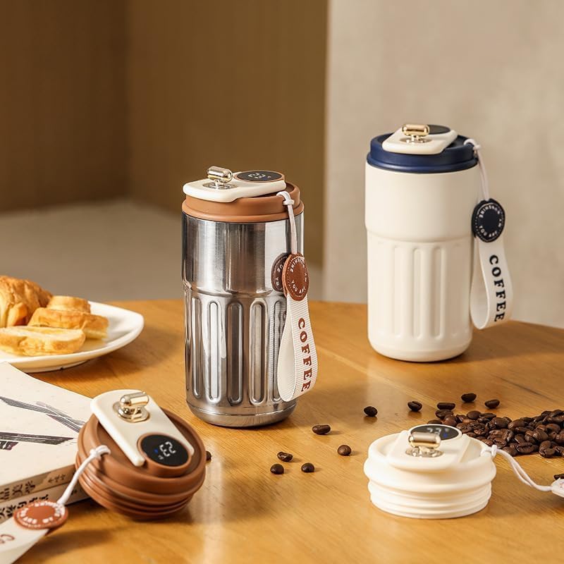 ACHAL ACHAL Vacuum Insulated Coffee Travel Mug with Touch Screen Digital Temperature Display Travel Flasks 460 Ml 316 Stainless Steel Reusable Leak Proof Thermal Mug Easy to Carry White - Image 4