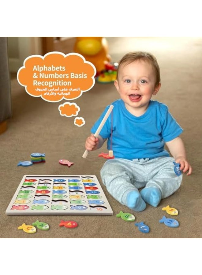 Wooden Magnetic Fishing Game for Toddlers, Montessori Fine Motor Skills Toy with Letters and Numbers, Preschool Learning ABC and Puzzle Educational Toys Gift for 3 4 5+ Year Old Kids(2 Poles) - Image 3