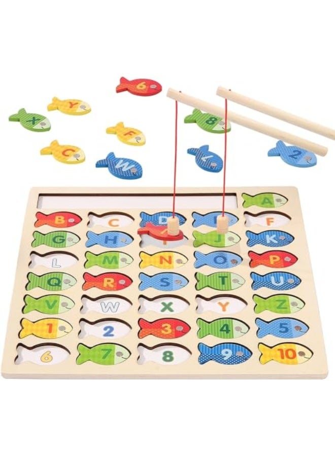 Wooden Magnetic Fishing Game for Toddlers, Montessori Fine Motor Skills Toy with Letters and Numbers, Preschool Learning ABC and Puzzle Educational Toys Gift for 3 4 5+ Year Old Kids(2 Poles) - Image 1