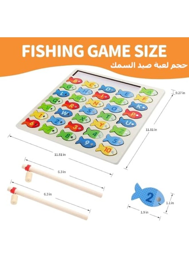 Wooden Magnetic Fishing Game for Toddlers, Montessori Fine Motor Skills Toy with Letters and Numbers, Preschool Learning ABC and Puzzle Educational Toys Gift for 3 4 5+ Year Old Kids(2 Poles) - Image 2