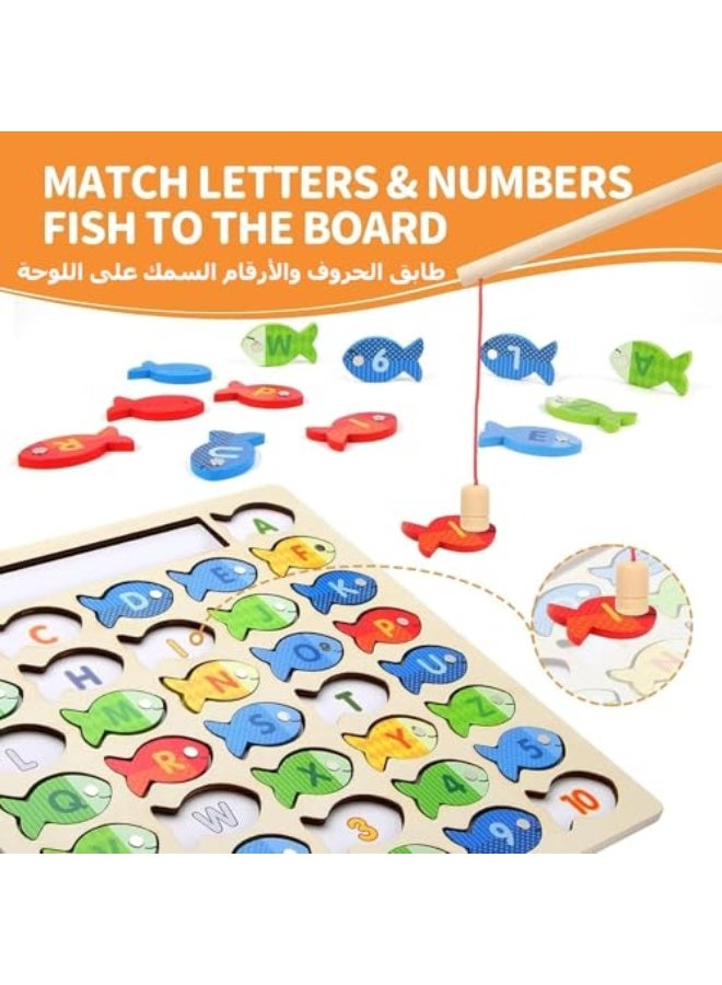 Wooden Magnetic Fishing Game for Toddlers, Montessori Fine Motor Skills Toy with Letters and Numbers, Preschool Learning ABC and Puzzle Educational Toys Gift for 3 4 5+ Year Old Kids(2 Poles) - Image 4